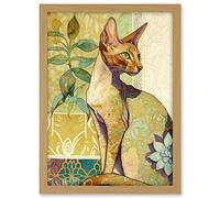 Artery8 Oriental Shorthair Cat with Art Nouveau Botanical Patterns Colourful Watercolour Illustration Artwork Framed A3 Wall Art Print