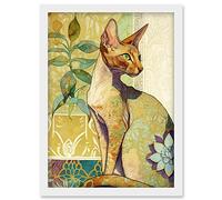 Artery8 Oriental Shorthair Cat with Art Nouveau Botanical Patterns Colourful Watercolour Illustration Artwork Framed Wall Art Print A4