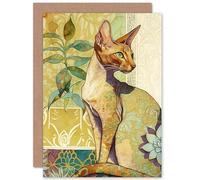 Artery8 Oriental Shorthair Cat with Art Nouveau Botanical Patterns Colourful Watercolour Illustration Art Birthday Sealed Greeting Card Plus Envelope Blank inside
