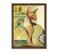 Artery8 Oriental Shorthair Cat with Art Nouveau Botanical Patterns Colourful Watercolour Illustration Artwork Framed Wall Art Print 18X24 Inch