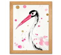 Artery8 Oriental Stork Bird Painting - Pink, Gold, Black Artwork - Oak Wood Frame