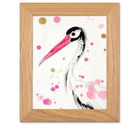 Artery8 Oriental Stork Bird Painting - Pink, Gold, Black Artwork - Oak Wood Frame
