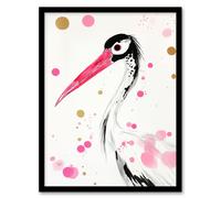 Artery8 Oriental Stork Pink Gold Black Bird Painting Framed Art Print | Size: W12" x H16" Artery8 Pink W12" x H16"