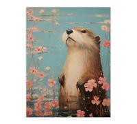 Artery8 Otter On The Water Scent Of Pink Hibiscus Blooms Oil Painting Unframed Wall Art Print Poster Home Decor Premium | Size: W12" x H16" Artery8 Multicolor W12" x H16"