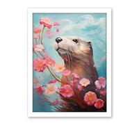 Artery8 Otter with a Pink Cherry Blossom Branch Elegant Oil Painting Floating on Lake Water with Flowers Artwork Framed Wall Art Print 18X24 Inch