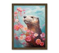 Artery8 Otter with a Pink Cherry Blossom Branch Elegant Oil Painting Floating on Lake Water with Flowers Artwork Framed Wall Art Print 18X24 Inch