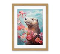 Artery8 Otter with a Pink Cherry Blossom Branch Elegant Oil Painting Floating on Lake Water with Flowers Artwork Framed Wall Art Print 18X24 Inch