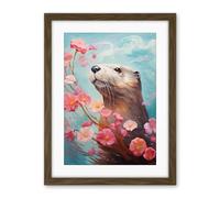 Artery8 Otter with a Pink Cherry Blossom Branch Elegant Oil Painting Floating on Lake Water with Flowers Artwork Framed Wall Art Print 18X24 Inch
