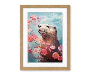 Artery8 Otter with a Pink Cherry Blossom Branch Elegant Oil Painting Floating on Lake Water with Flowers Artwork Framed Wall Art Print 18X24 Inch