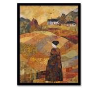 Artery8 Our Harvest Fields By Jenny Adamson Autumn Farm Klimt Warm Orange Ochre Pastel Shades Art Print Framed Poster Wall Decor 12x16 inch Artery8 Black W12" x H16"