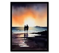 Artery8 Our Sunrise Stroll Watercolour Painting Orange Purple Blue Lovers Beach Walk At Coastal Landscape Bedroom Art Artwork Framed Wall Art Print A4