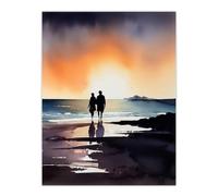 Artery8 Our Sunrise Stroll Watercolour Painting Orange Purple Blue Lovers Beach Walk At Coastal Landscape Bedroom Art Extra Large XL Wall Art Poster Print