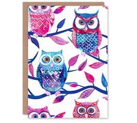 Artery8 Owl Birds Tree Branches Pink Blue Bright Folk Art Blank For Him Or Her Art Birthday Card