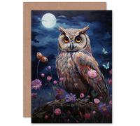 Artery8 Owl Full Moon in Spring Meadow With Wildflowers for Him or Her Man Woman Birthday Thank You Congratulations Blank Art Greeting Card