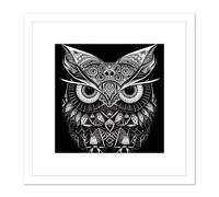 Artery8 Owl Modern Doodle Tribal Pattern Illustration Black & White Square Wooden Framed Wall Art Print Picture 8X8 Inch Artery8 White