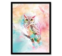 Artery8 Owl on Branch Portrait Pastel Rainbow Watercolour Living Room Artwork Framed Wall Art Print A4
