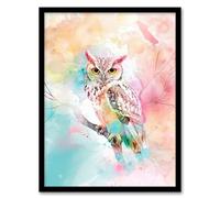 Artery8 Owl on Branch Portrait Pastel Rainbow Watercolour Living Room Artwork Framed Wall Art Print 18X24 Inch