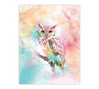 Artery8 Owl on Branch Portrait Pastel Rainbow Watercolour Living Room Extra Large XL Wall Art Poster Print