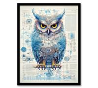 Artery8 Owl Robot Hybrid Secret Military Schematic Blue Futuristic Complex Arcane Manuscript Wall Art Print - A4 Size