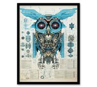 Artery8 Owl Robot Machine Schematic Diagram Engineering Page Blue Gold Futuristic Technology Design Wall Art Print - A4 Size