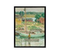 Artery8 Oyster Sloop Sailboat in Cos Cob Harbour Hassam Framed Canvas Wall Art | Size: W18" x H24" Artery8 Multicolor W18" x H24"