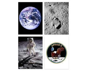 Artery8 Pack of 4 NASA Earth from Space Apollo 11 Moon Landing 50th Anniversary Astronaut Aldrin Armstrong Bootprint Unframed A4 Wall Art Living Room Prints Set