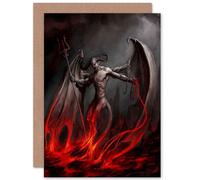 Artery8 Painting Devil Demon Fire Chain Trident Wings Horns Greetings Card in Red Artery8 Red