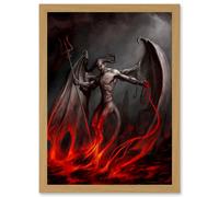 Painting Devil Demon Fire Chain Trident Wings Horns Monster A4 Artwork Framed Wall Art Print Artery8 Light Oak One Size