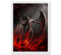 Artery8 Painting Devil Demon Fire Chain Trident Wings Horns Monster A4 Artwork Framed Wall Art Print in White Artery8 White