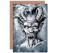 Artery8 Painting Drawing Portrait Devil Demon Horns Tongue Greetings Card in Grey Artery8 Grey