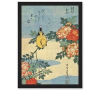 Artery8 Painting Japan Yellow Bird Flowers Floral Vintage A4 Artwork Framed Wall Art Print in Black Artery8 Black