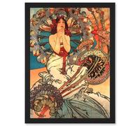 Artery8 Painting Mucha Nouveau Woman Spring Floral A4 Artwork Framed Wall Art Print in Black Artery8 Black