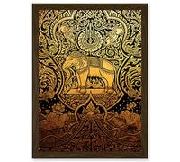 Painting Ornate Abstract Thailand Elephant Black Gold Artwork Framed Wall Art Print A4 Artery8 Brown One Size