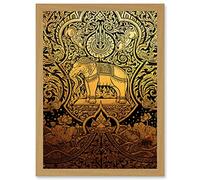 Painting Ornate Abstract Thailand Elephant Black Gold Artwork Framed Wall Art Print A4 Artery8 Light Oak One Size
