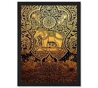 Painting Ornate Abstract Thailand Elephant Black Gold Artwork Framed Wall Art Print A4 Artery8 Black One Size