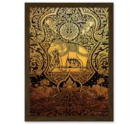 Painting Ornate Abstract Thailand Elephant Black Gold Artwork Framed Wall Art Print A4 Artery8 Brown One Size