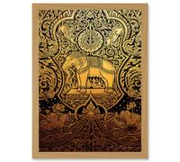 Painting Ornate Abstract Thailand Elephant Black Gold Artwork Framed Wall Art Print A4 Artery8 Light Oak One Size