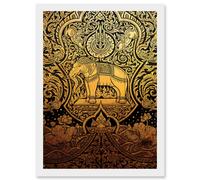 Artery8 Painting Ornate Abstract Thailand Elephant Black Gold Artwork Framed Wall Art Print A4