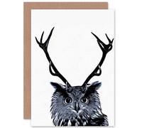 Artery8 Painting Photo Owl Deer Antlers Weird Bizarre Fun Greetings Card in White Artery8 White