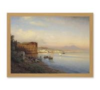 Painting Seascape City Flamm Bay Naples Queen Palace Artwork Framed Wall Art Print A4 Artery8 Light Oak One Size