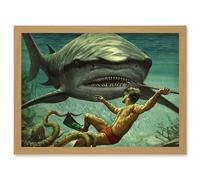 Artery8 Painting Shark Attack Octopus Diver Spear Adventure Underwater Artwork Framed Wall Art Print A4 in Light Oak Artery8 Light Oak