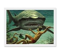 Artery8 Painting Shark Attack Octopus Diver Spear Adventure Underwater Artwork Framed Wall Art Print A4