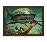 Artery8 Painting Shark Attack Octopus Diver Spear Adventure Underwater Artwork Framed Wall Art Print A4 in Brown Artery8 Brown