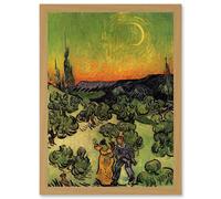 Painting Van Gogh Couple Walking Crescent Moon Artwork Framed Wall Art Print A4 Artery8 Light Oak One Size