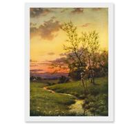 Artery8 Paintings Landscape Sunset Countryside Tree Meadow Brook Stream Artwork Framed Wall Art Print A4