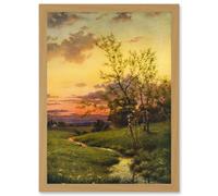 Artery8 Paintings Landscape Sunset Countryside Tree Meadow Brook Stream Artwork Framed Wall Art Print A4