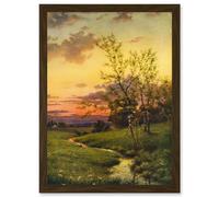 Artery8 Paintings Landscape Sunset Countryside Tree Meadow Brook Stream Artwork Framed Wall Art Print A4