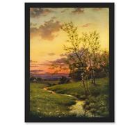 Artery8 Paintings Landscape Sunset Countryside Tree Meadow Brook Stream Wall Art Print - A4 Size