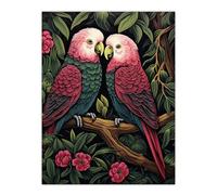 Wall Art Print Pair of Parrots on a Blooming Tree Vintage Painting Burgundy Pink Green Lush Jungle Birds Portrait Poster Artery8 Pink W24 inch x H32 inch