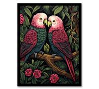 Artery8 Pair Of Parrots Tree Vintage Burgundy Pink Green Lush Framed Wall Art Print